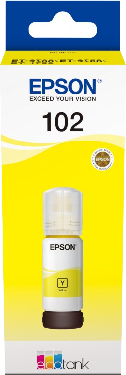 Epson 102 inktfles in een gele doos. De fles is geel en de doos heeft Epson-branding.