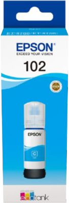 Boîte de cartouche d'encre Epson, couleur cyan, avec le logo Epson et 102 en blanc.