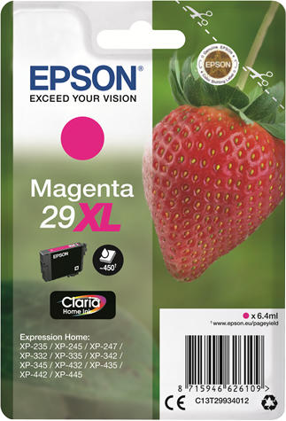 Emballage de cartouche d'encre Epson Magenta 29XL, avec un graphique de fraise. Cartouche d'encre noire à l'intérieur.