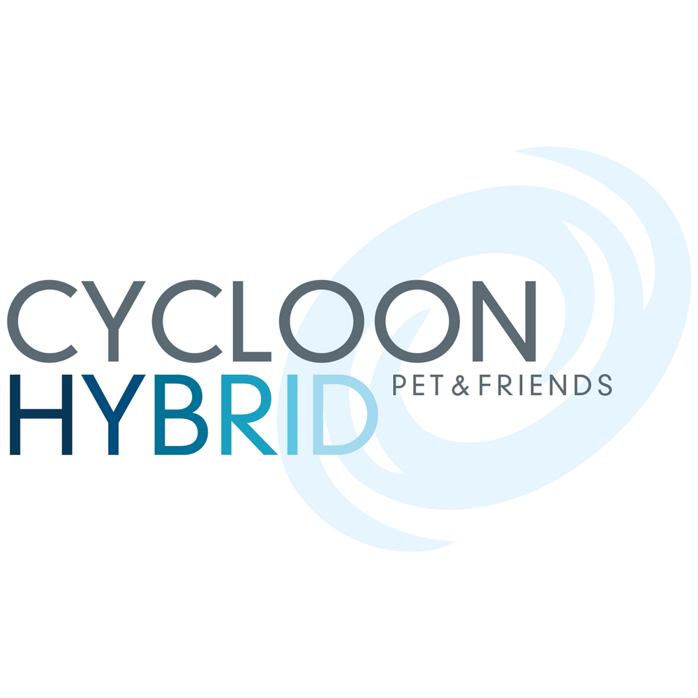 Cycloon Hybrid Pet & Friends Logo, mit Text und einem stilisierten, blauen, wirbelnden Design.