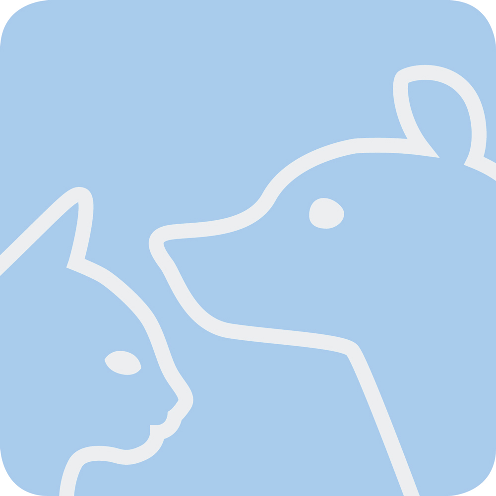 Blaues Quadrat mit Umrissen von Katze und Hund.
