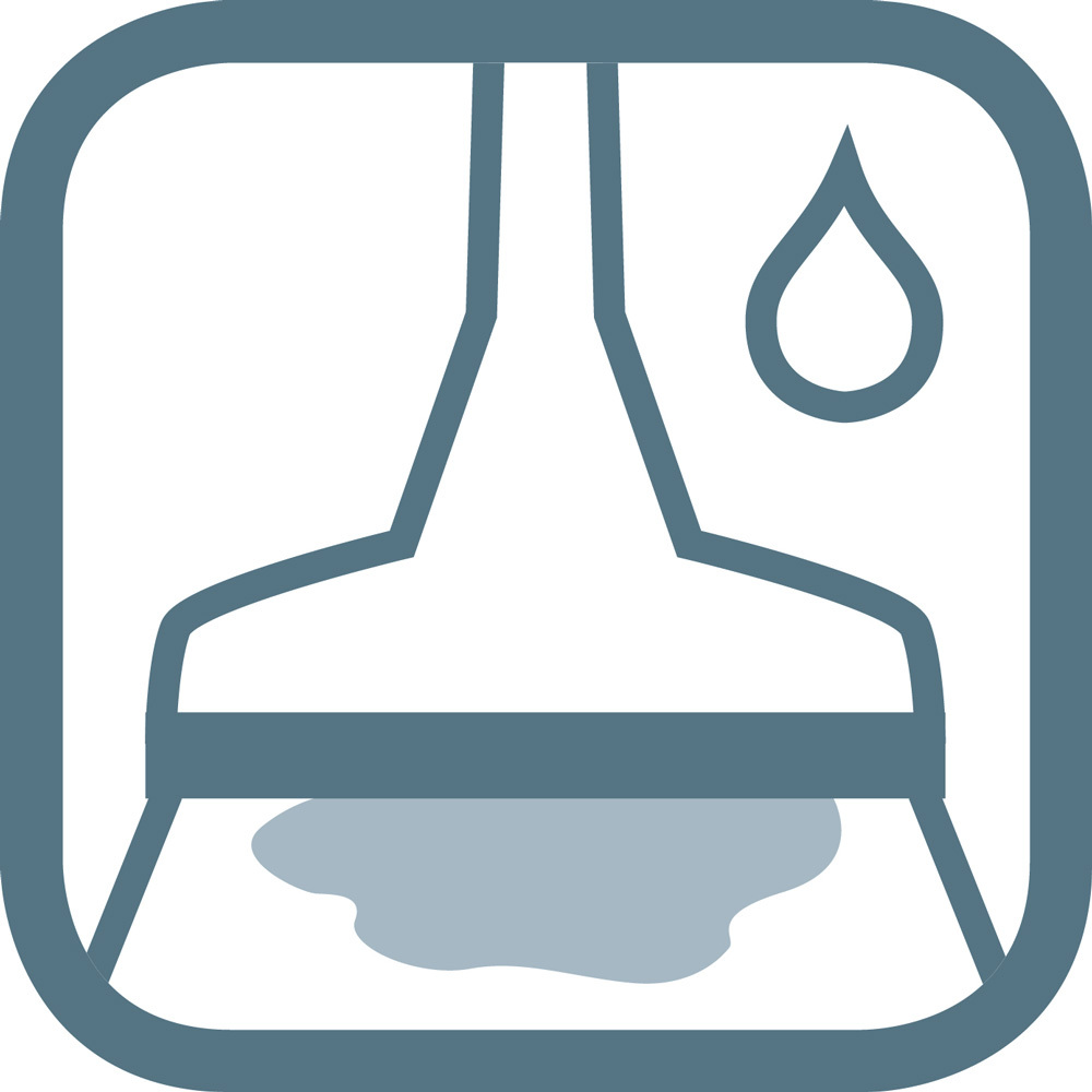 Symbol für eine Dunstabzugshaube und einen Wassertropfen in einem quadratischen Rahmen. Steht für Reinigung.