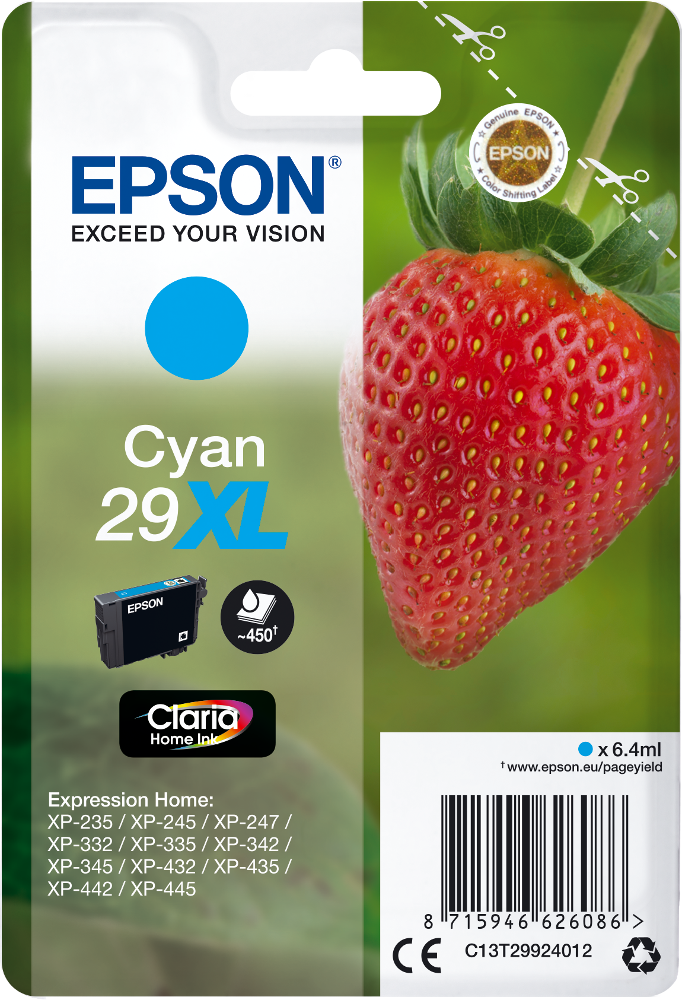 Pack de cartouche d'encre cyan Epson avec une fraise rouge à droite.
