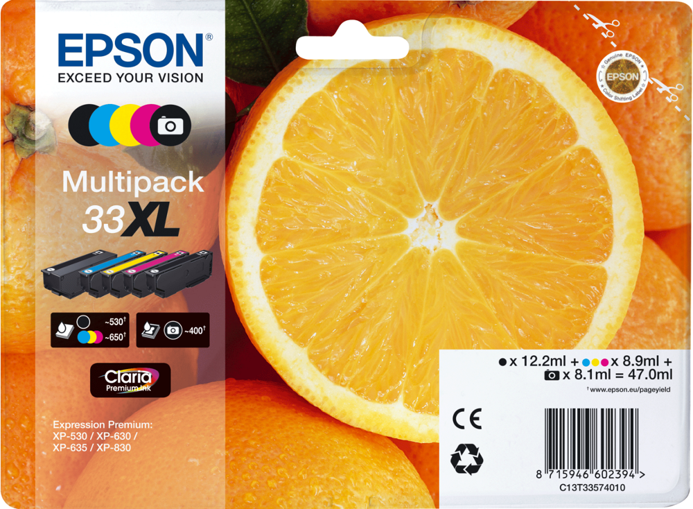 Pack de cartouches d'encre Epson avec oranges en arrière-plan. Couleurs : noir, cyan, magenta et jaune.