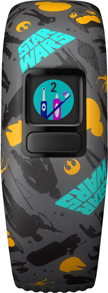 Star Wars témájú fitneszkövető. Egy képernyővel, mely fogkefe és fogkrém ikont jelenít meg. A szíj szürke, Star Wars grafikákkal.