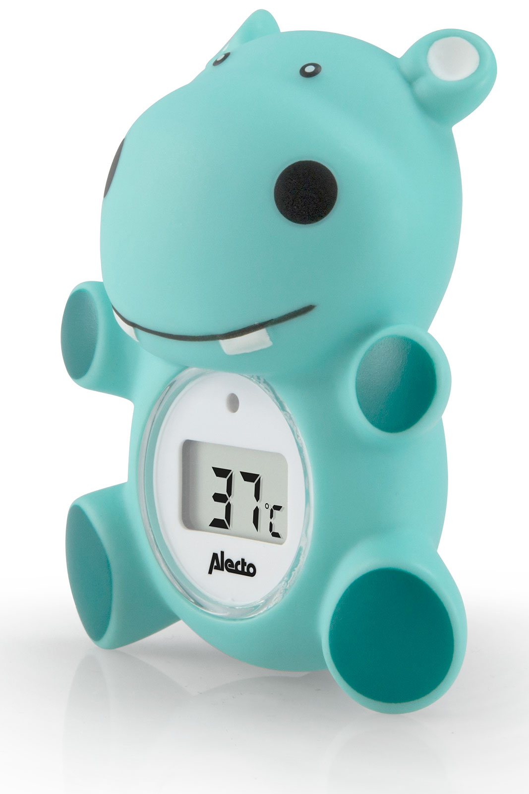 Teal hippo-shaped thermometer with a digital display showing 37°C, on a white background.