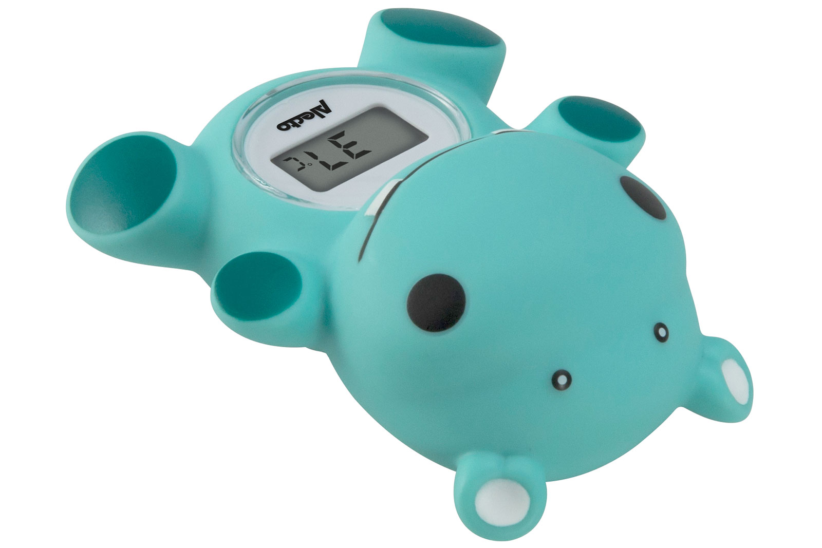 A blue hippo-shaped bath thermometer displaying 37.7 degrees Celsius.