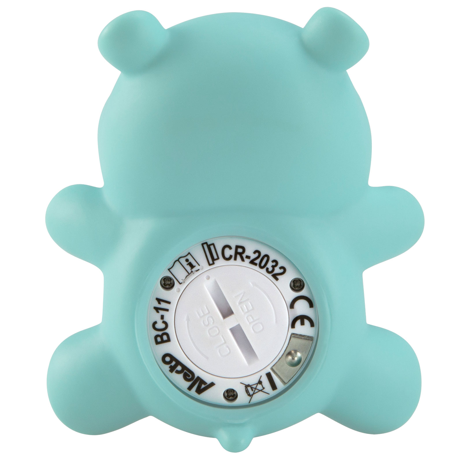 Blue teddy bear night light, back view, with a battery compartment.