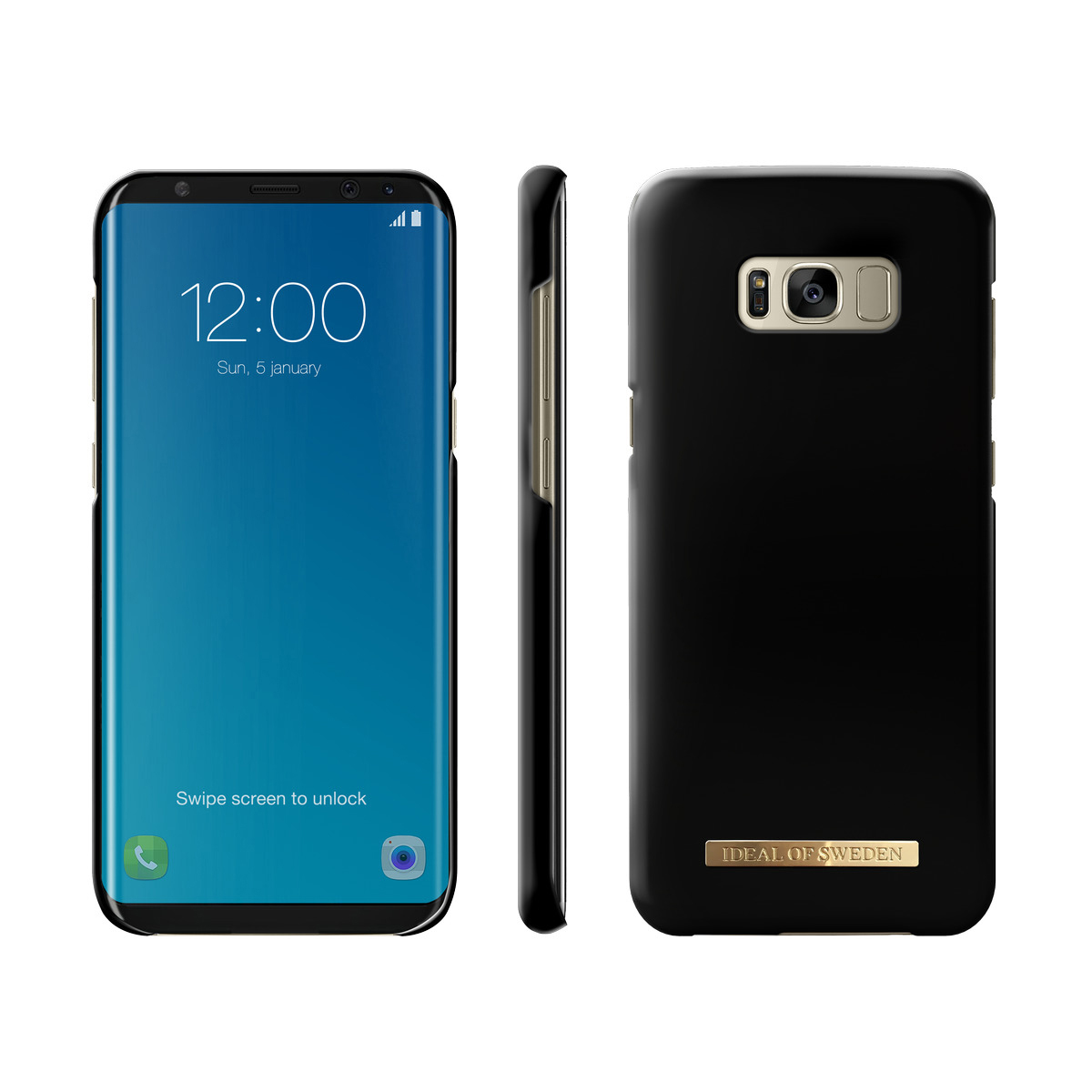 Drei Ansichten eines schwarzen Telefons. Der Bildschirm zeigt die Uhrzeit an. Das Telefon hat eine schwarze Hülle mit goldenen Details.