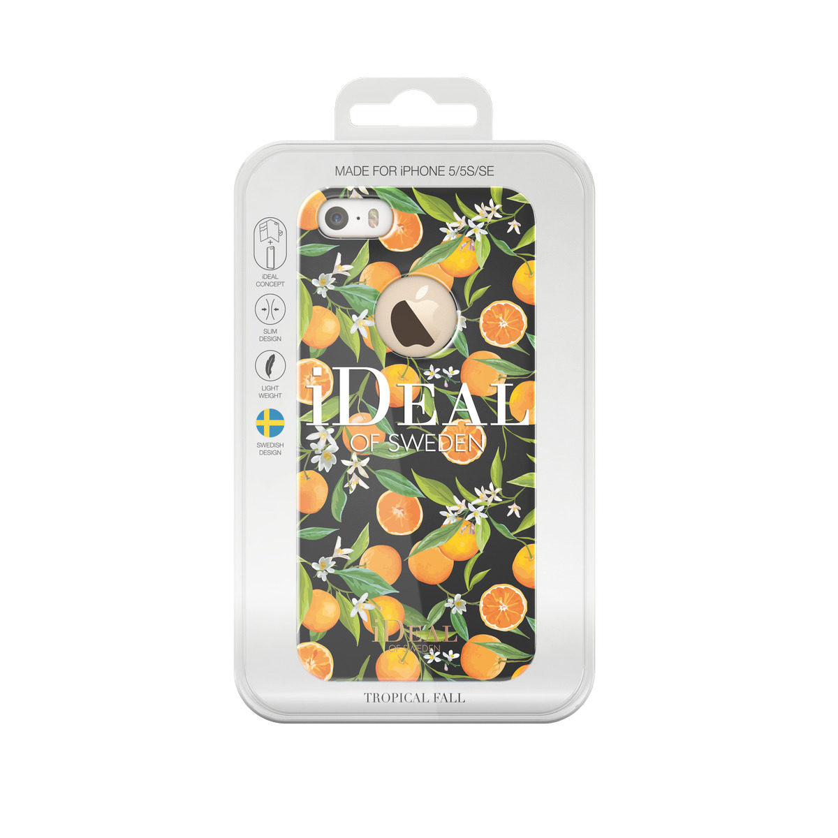 Handyhülle mit Orangen und Blättern auf schwarzem Hintergrund, in einer Plastikverpackung.