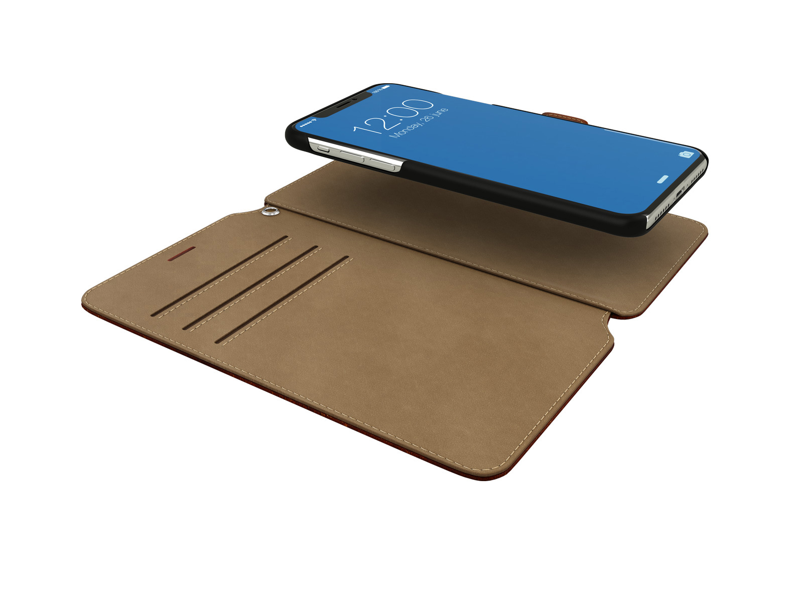 Handyhülle und Telefon in geöffneter Leder-Wallet-Hülle. Der Bildschirm zeigt Datum und Uhrzeit.