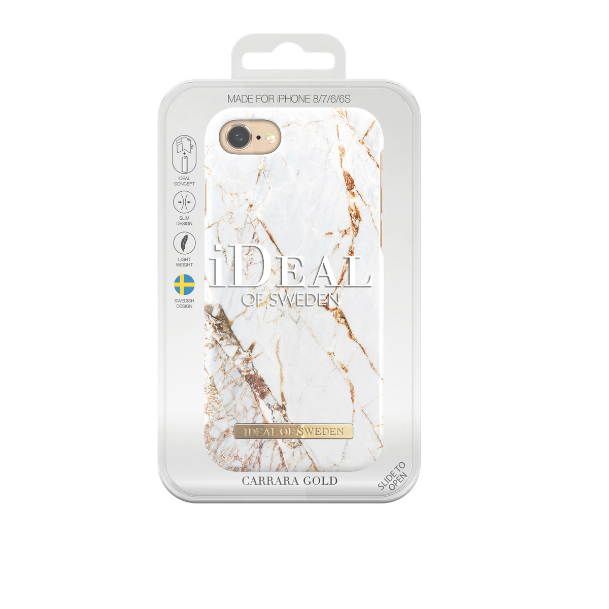 Handyhülle mit Marmordesign in transparenter Verpackung, Text 'IDEAL OF SWEDEN'.