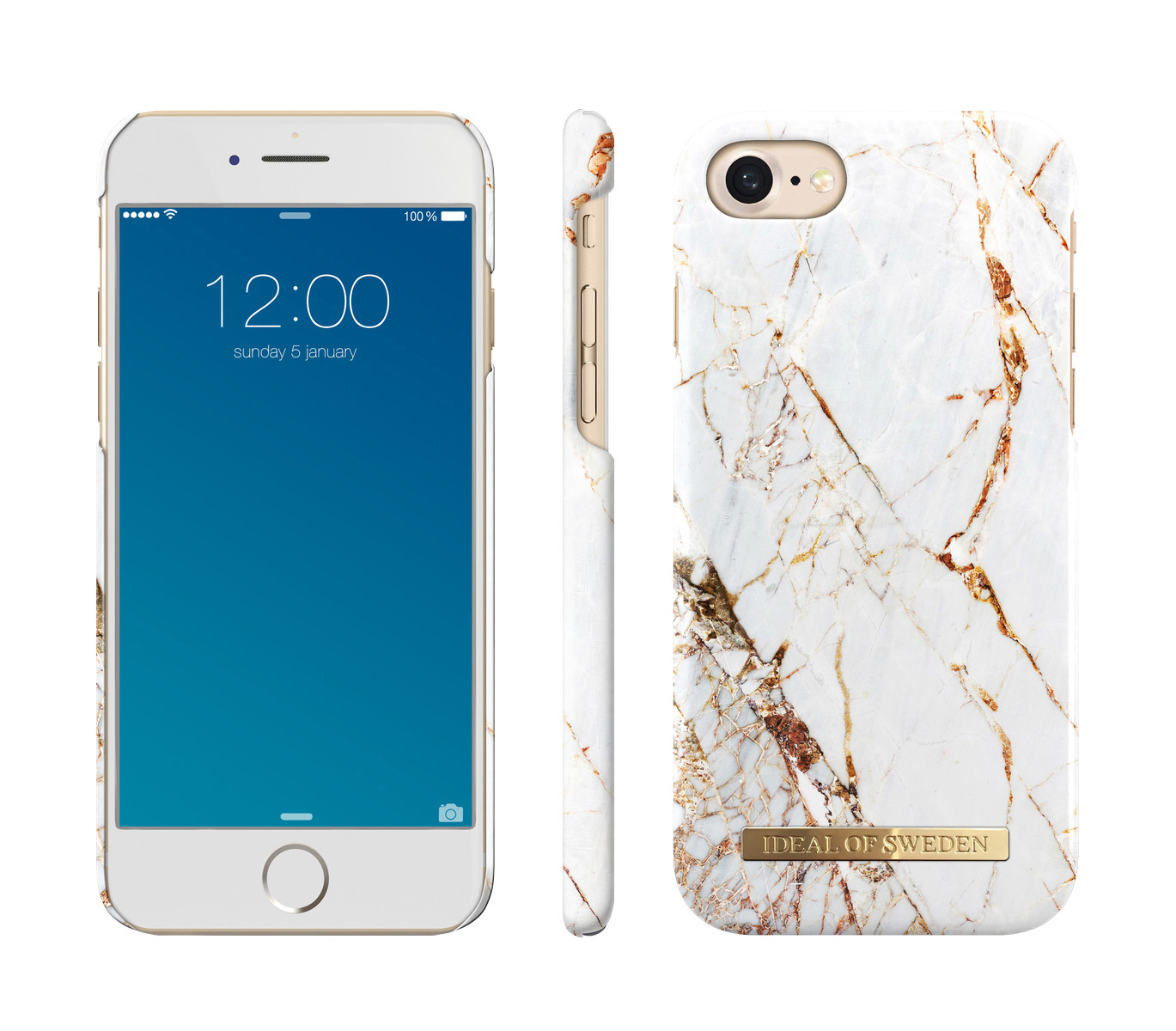 Weißes iPhone in Hülle. Marmordesign, Telefon zeigt Zeit und Datum.