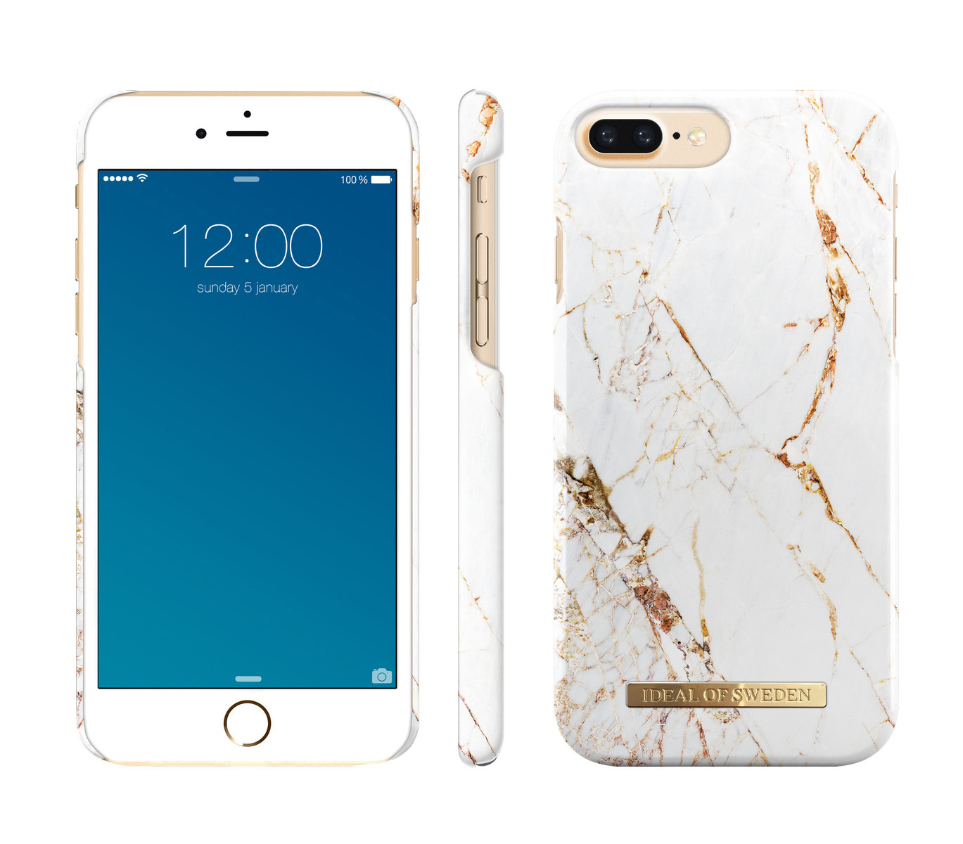 Weißes iPhone mit Marmormuster und Hülle. Die Hülle hat goldene Akzente. Der Bildschirm zeigt die Uhrzeit.