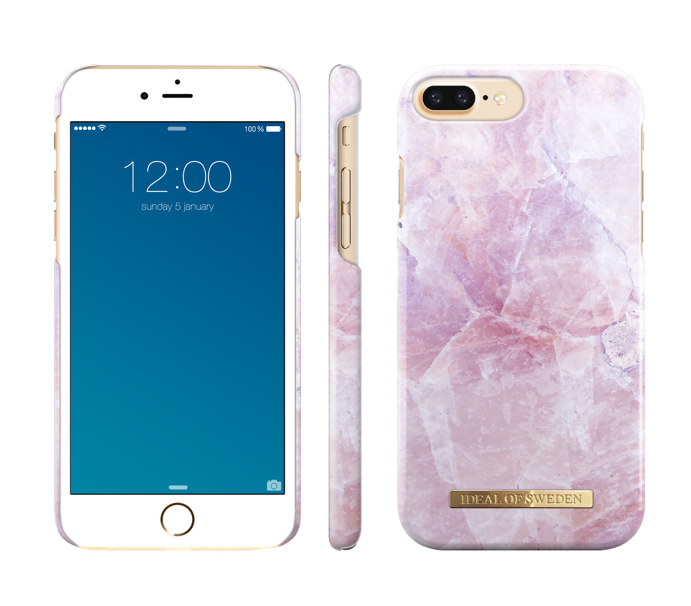 Drei Ansichten eines weißen iPhones in einem rosa Marmorgehäuse, goldenem Rahmen und Bildschirm.
