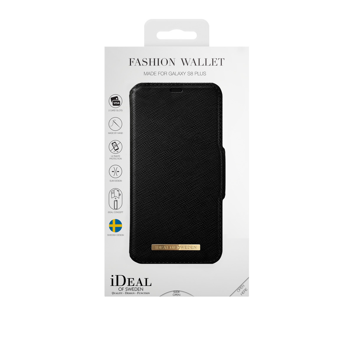 Schwarzes Telefon-Wallet in einer Box, mit Ideal of Sweden-Logo.