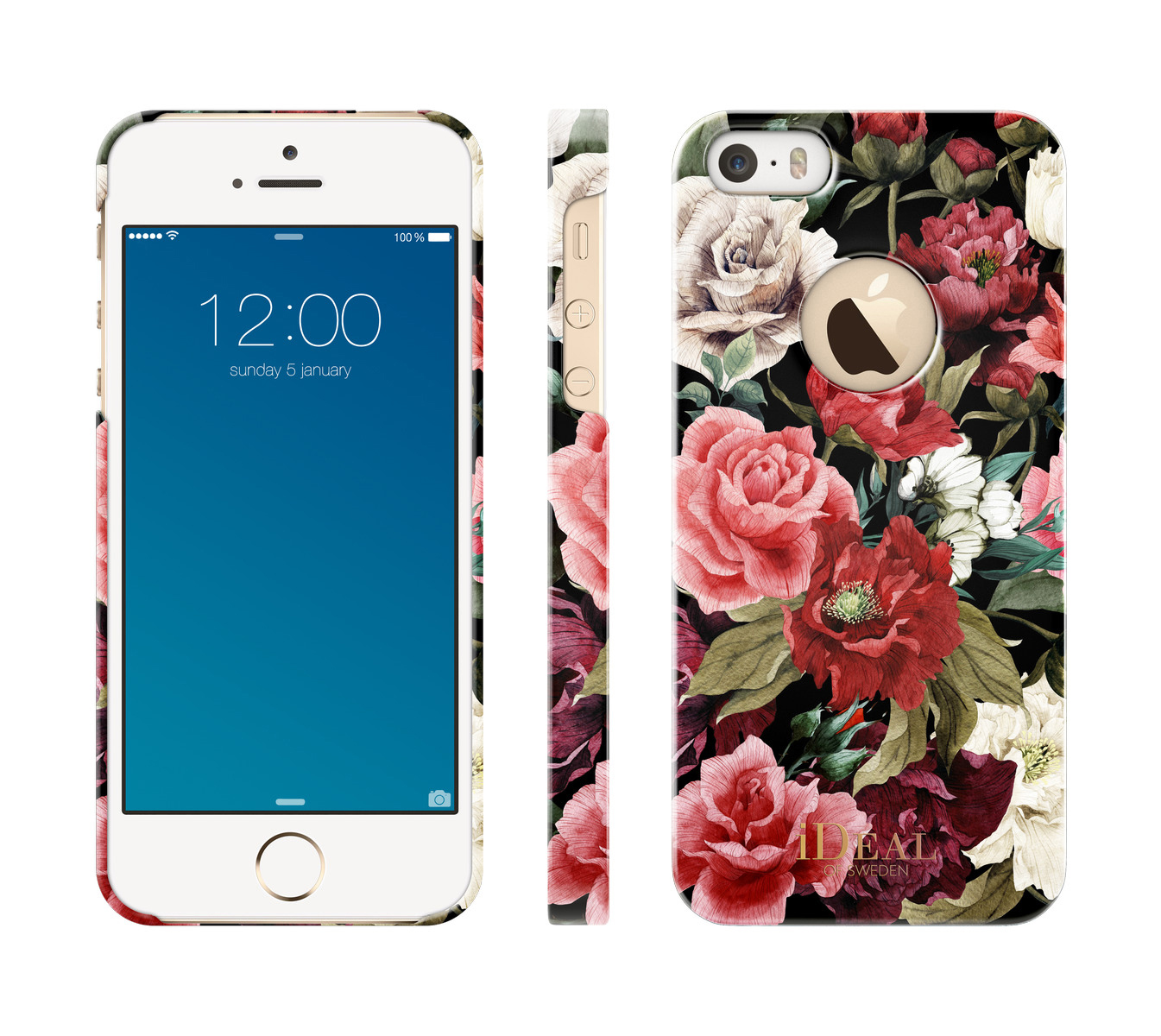 Weißes iPhone 5 mit floralem Gehäuse. Das Gehäuse hat einen Blumendruck mit roten und weißen Rosen.