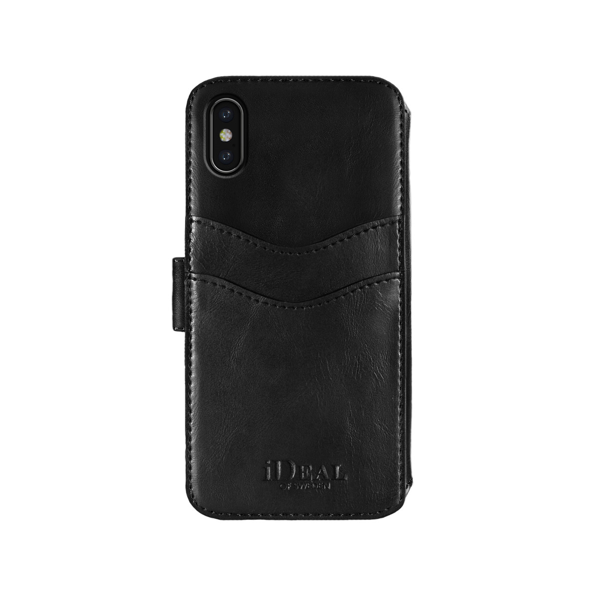 Schwarze Leder-Handyhülle. Hält ein Telefon. Enthält Kartenfächer. Das iDeal-Logo ist sichtbar.