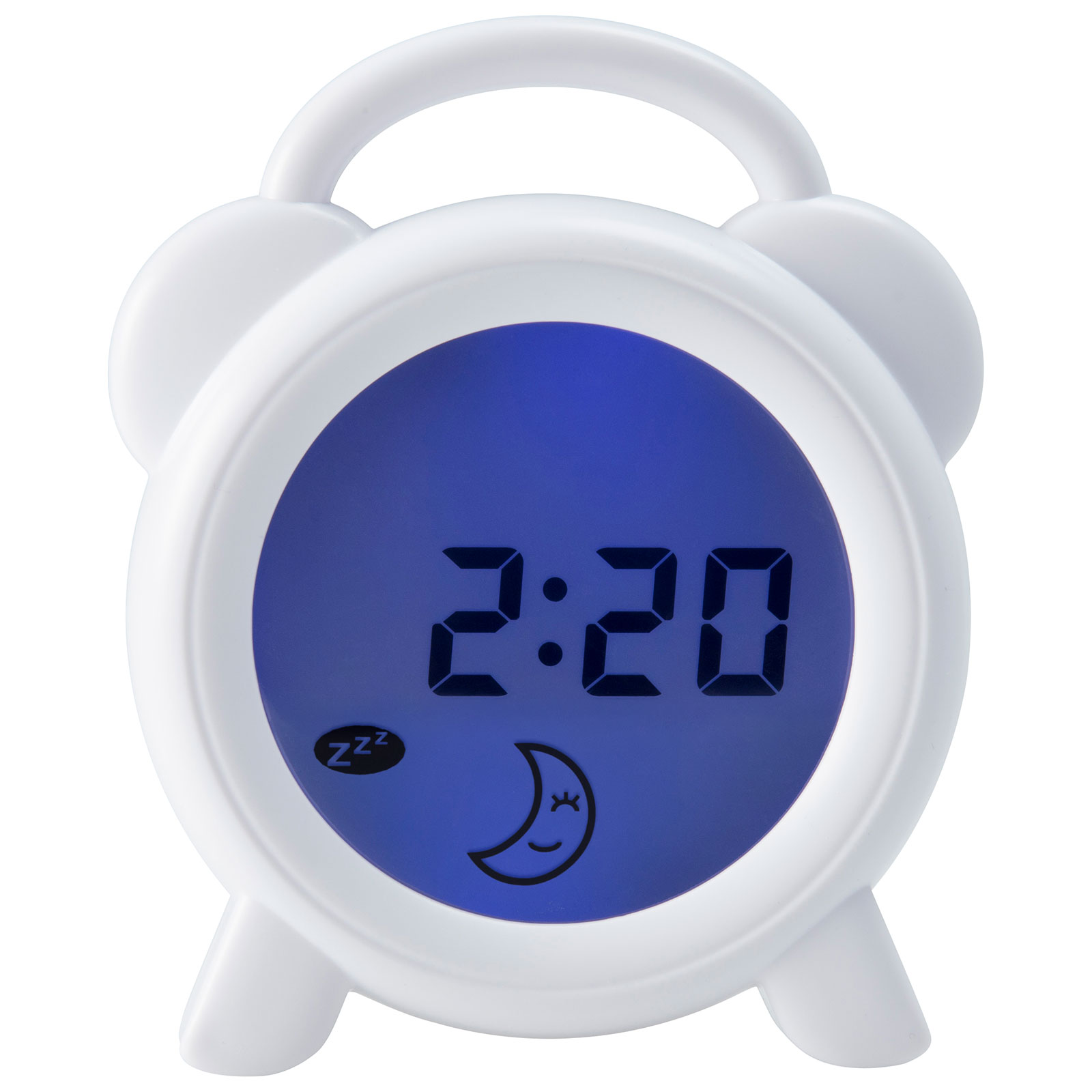 Witte wekker met een blauw digitaal display met 2:20, een maan en een slaapsymbool.