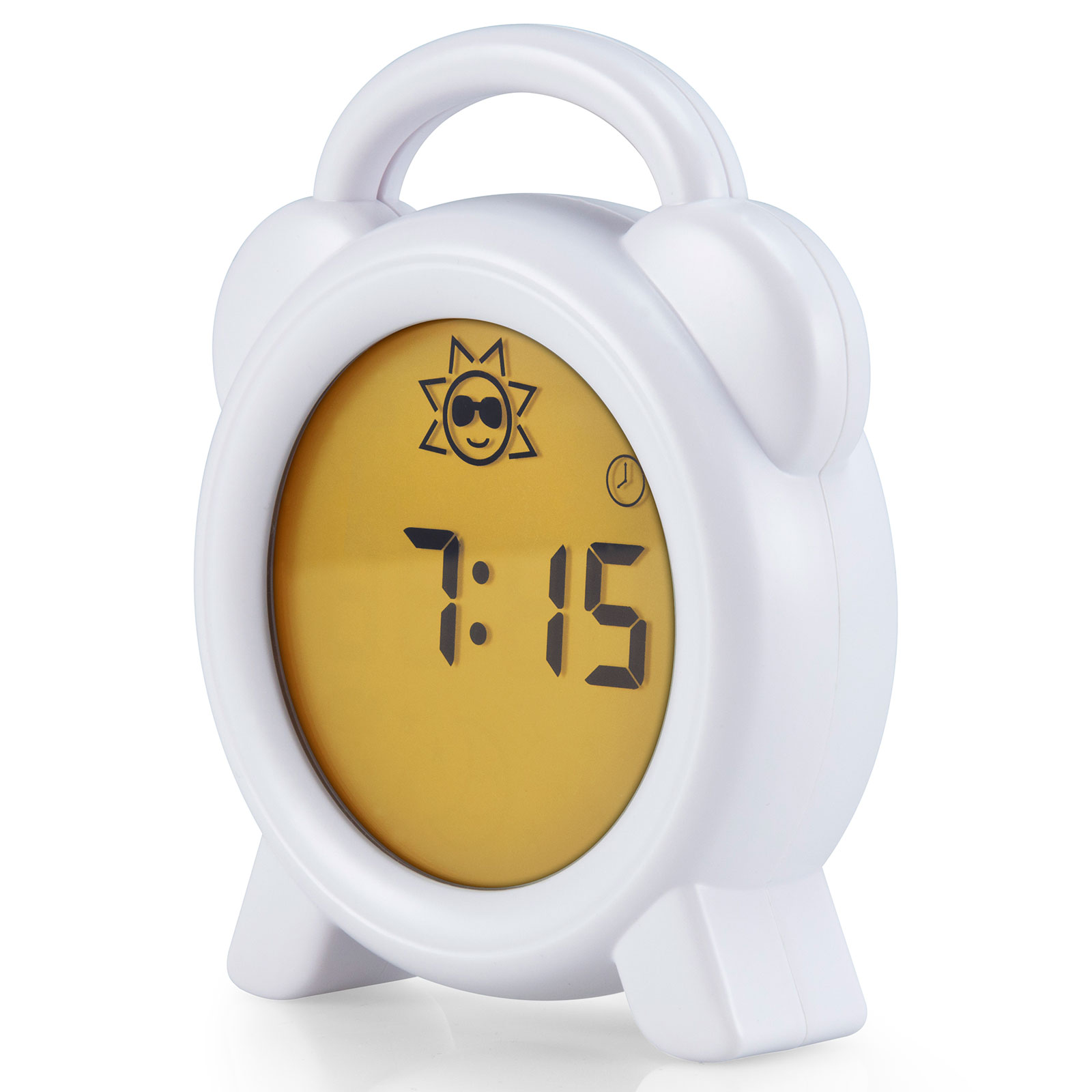 Witte digitale wekker met gele display met 7:15, lachende zon-icoon.