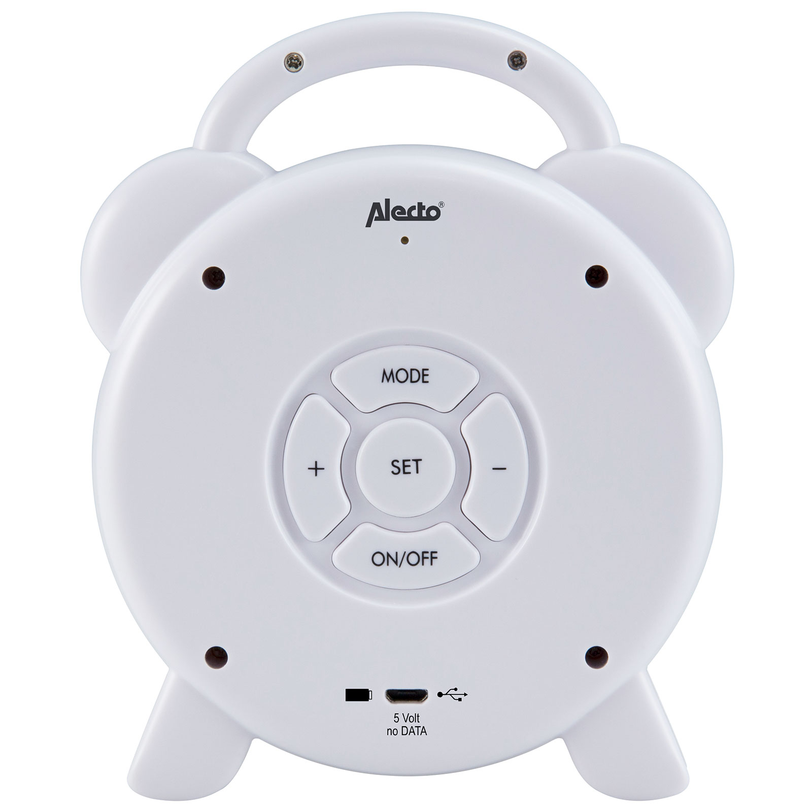 Witte wekker met knoppen en een handvat. Een USB-poort aan de onderkant.