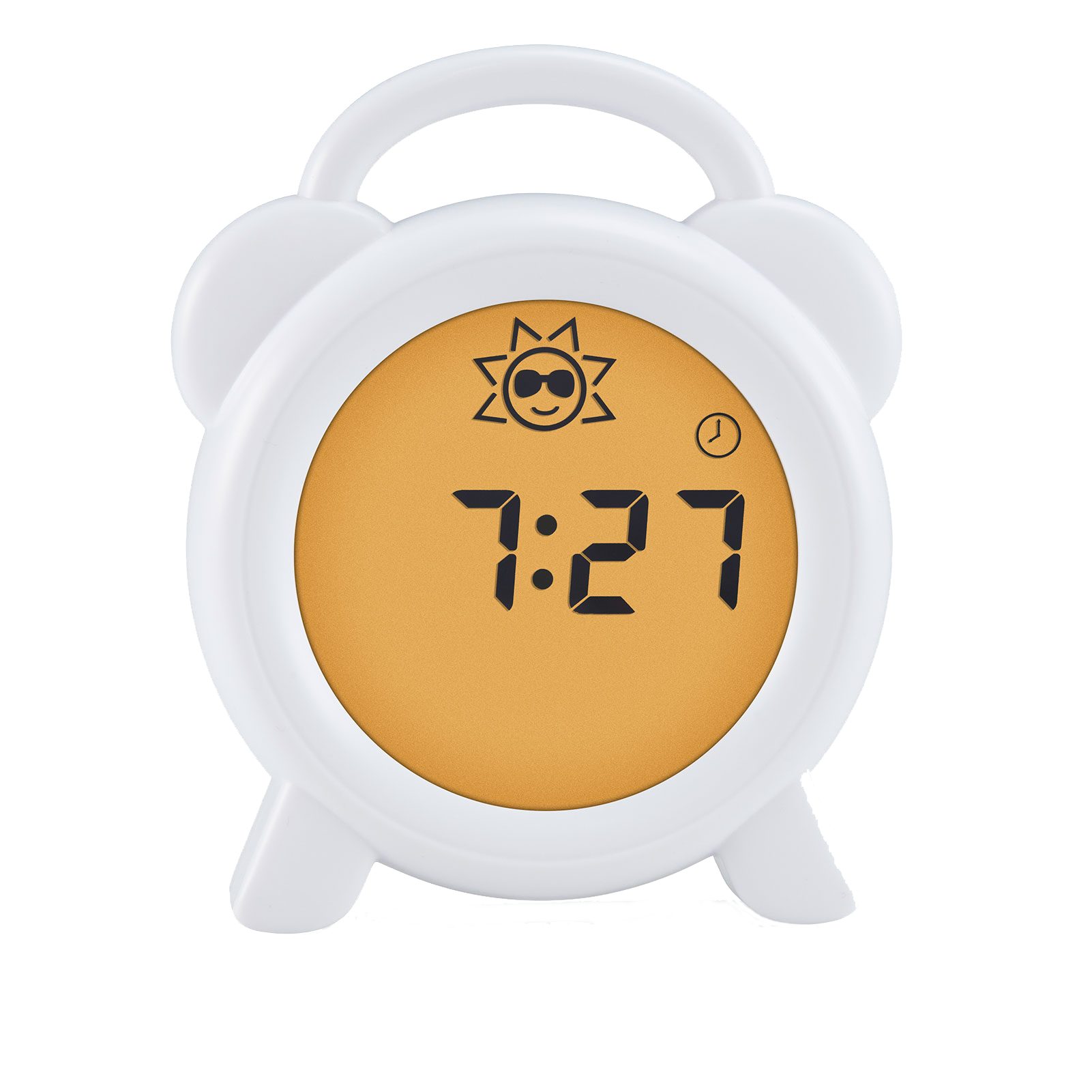 Een witte wekker met een gele wijzerplaat die 7:27 aangeeft, met een lachend zonsymbool.