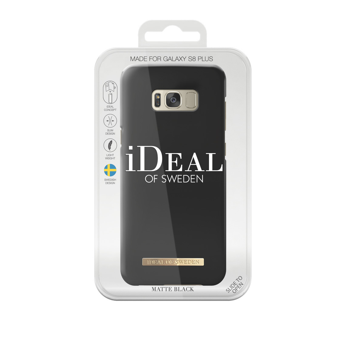 Schwarze Handyhülle für Galaxy S8 Plus. Ideal of Sweden Marke mit mattschwarzem Design in Verpackung.