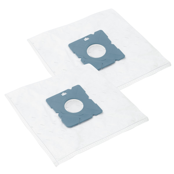 Two white vacuum cleaner bags with grey plastic mounting plates. Bags are square and slightly transparent.