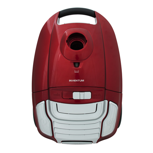 A red vacuum cleaner with black handle and white accents. The word 'INVENTUM' is on the front. White background.
