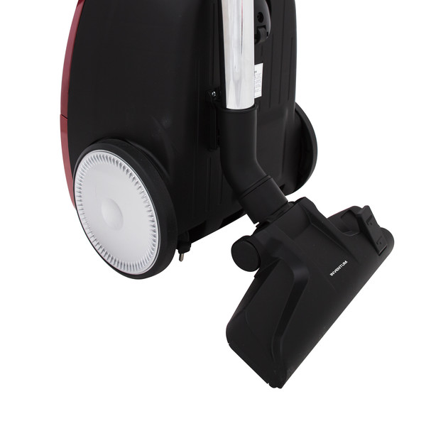 A black and red vacuum cleaner on a white background. The vacuum cleaner has a black head and a white wheel.