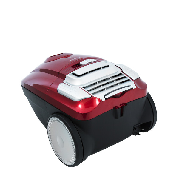 A red and black vacuum cleaner. It has white accents and two large wheels. The background is plain white.