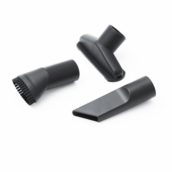 Three black vacuum cleaner attachments on a white background. One has bristles, one is flat, and the other is angled.