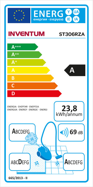 Energy label for a vacuum cleaner, featuring energy efficiency ratings, power consumption, and noise level information.