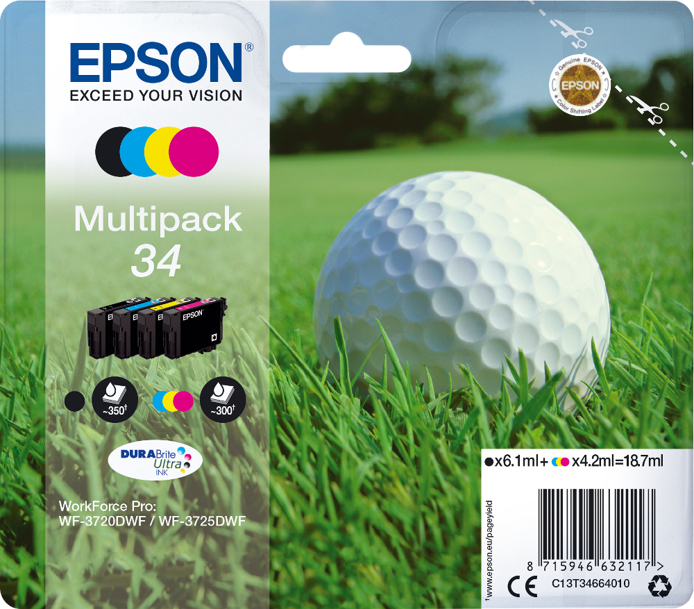 Multipack de cartouches d'encre Epson avec une balle de golf sur de l'herbe verte.