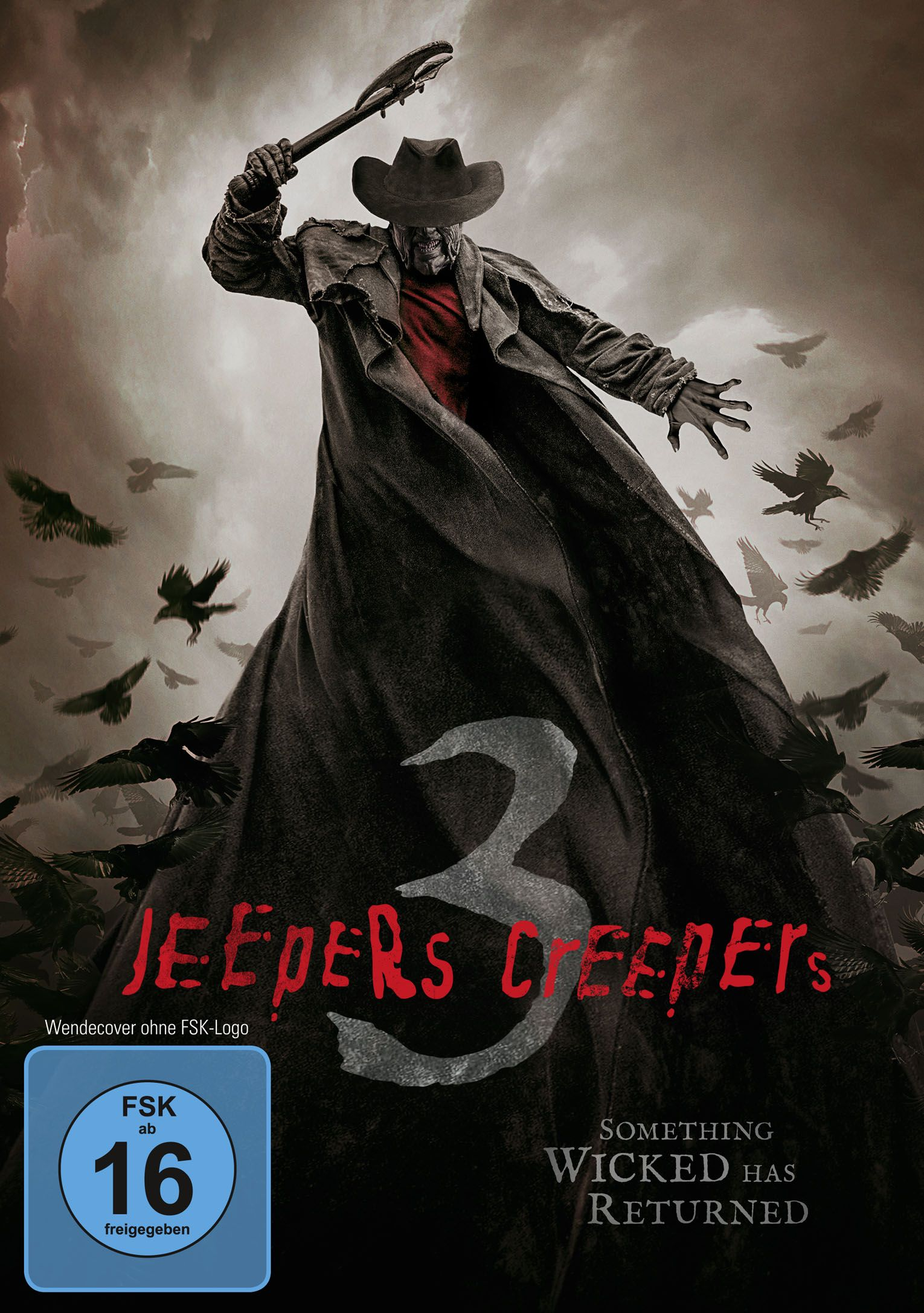DVD-Cover für Jeepers Creepers 3. Eine Vogelscheuche mit Hut hält eine Axt. Dunkler Hintergrund.