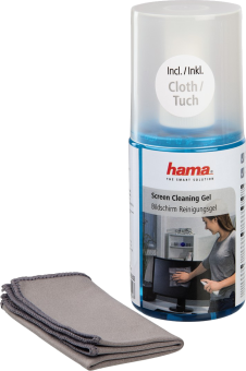 Bildschirmreinigungsgel und -tuch. Klare Flasche mit blauer Flüssigkeit und graues Tuch.