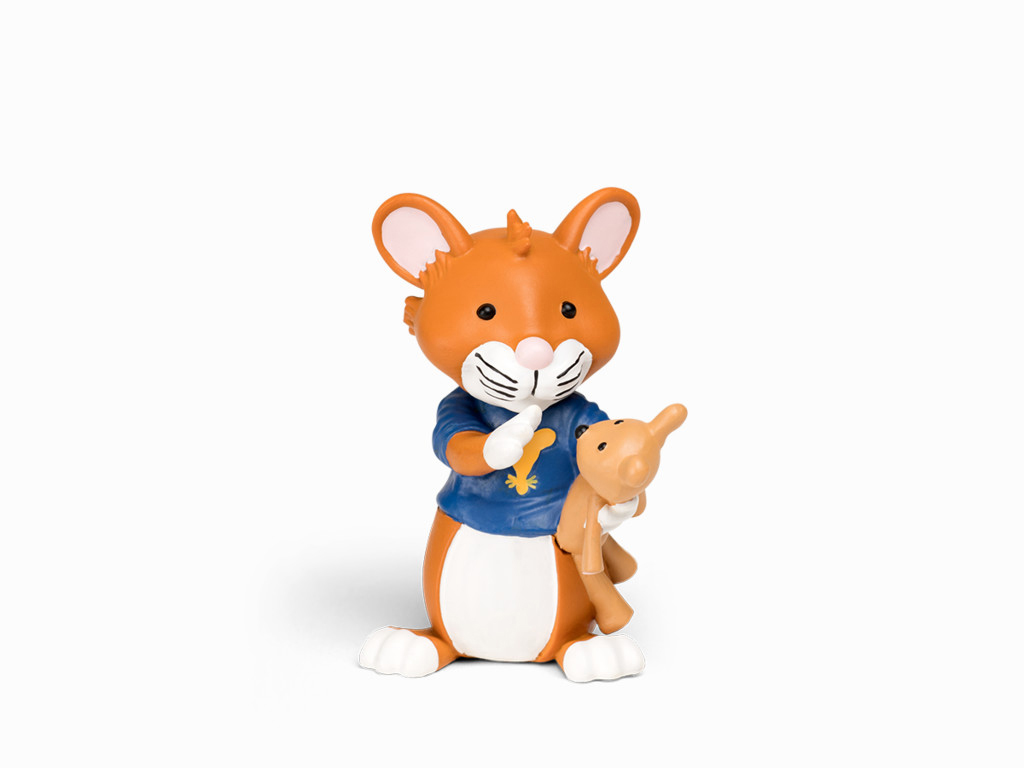 Zeichentrickfigur einer Maus, die einen Teddybär hält und ein blaues Hemd trägt.