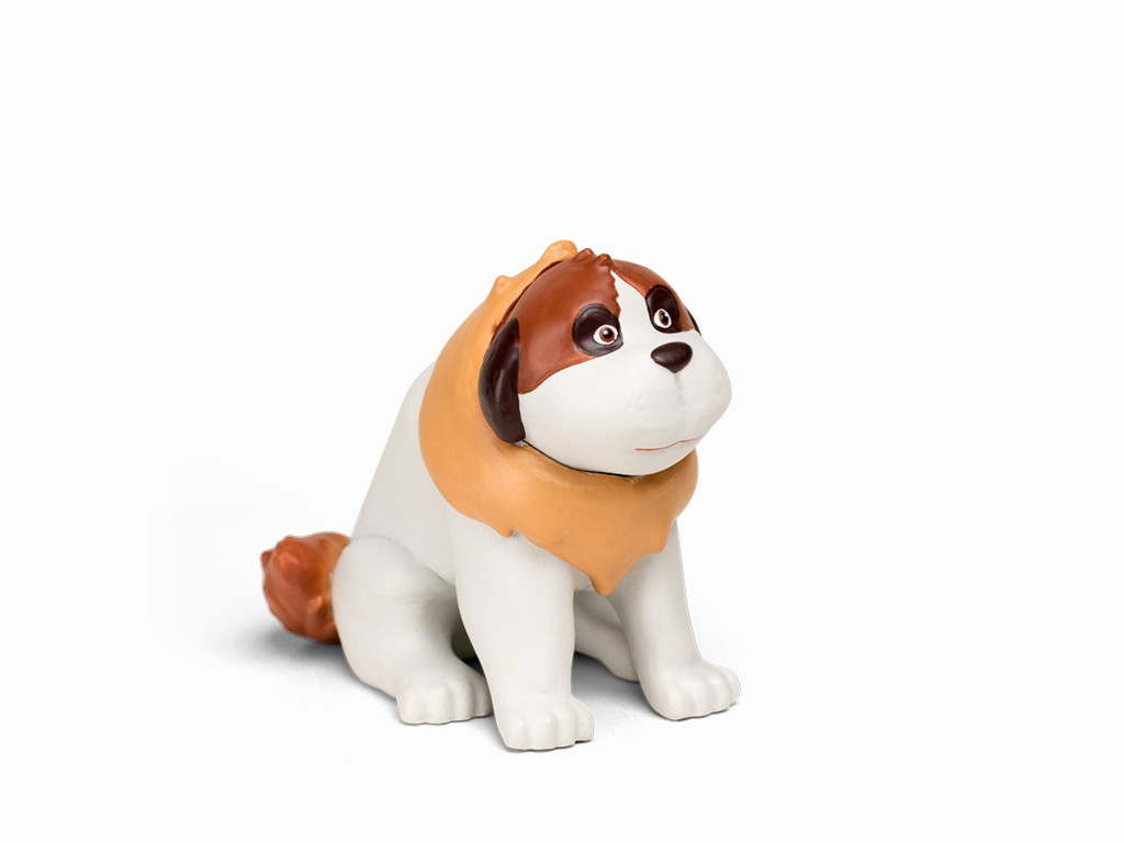 Cartoon-Sankt-Bernhardshund-Figur, weißer Körper, braune und tanfarbene Markierungen.