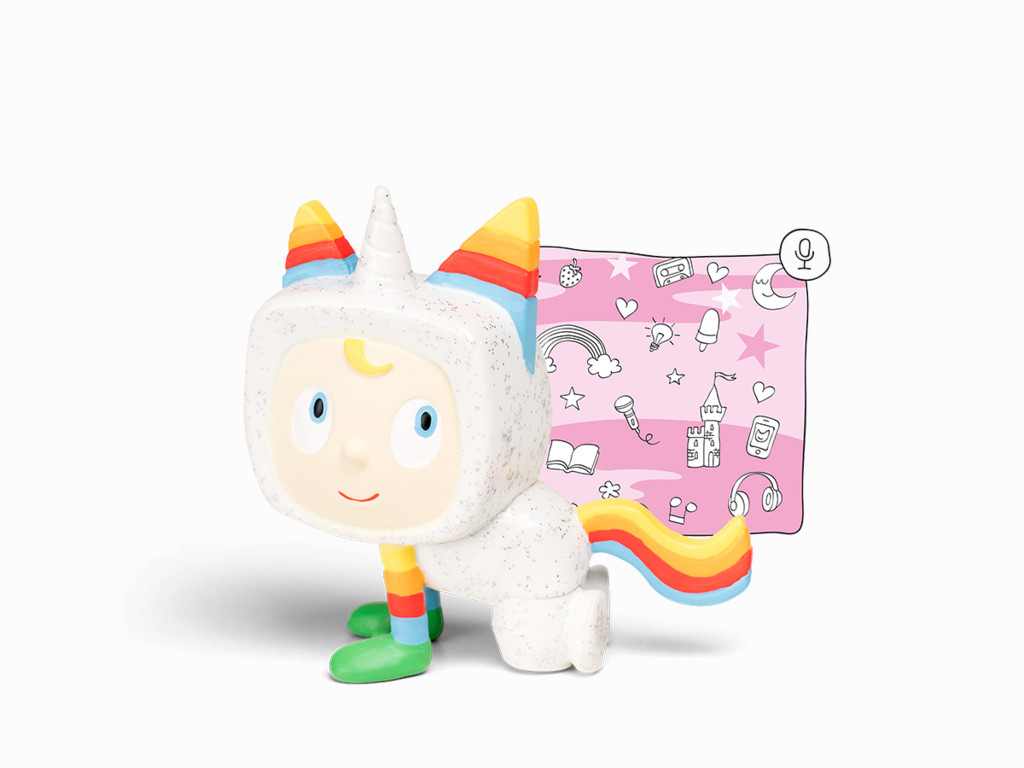 Ein einhornartiger Charakter mit Regenbogen-Schwanz und Notizblock mit Zeichnungen.