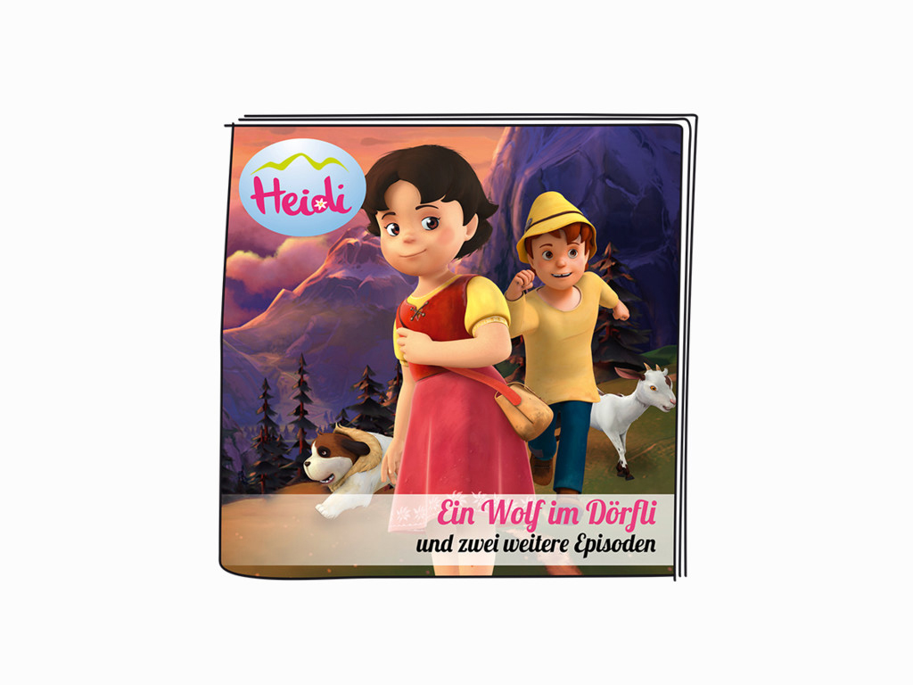 Heidi Cartoon-DVD-Cover. Heidi, ein Junge und ein Hund auf einem Berg. Weißer Hintergrund.