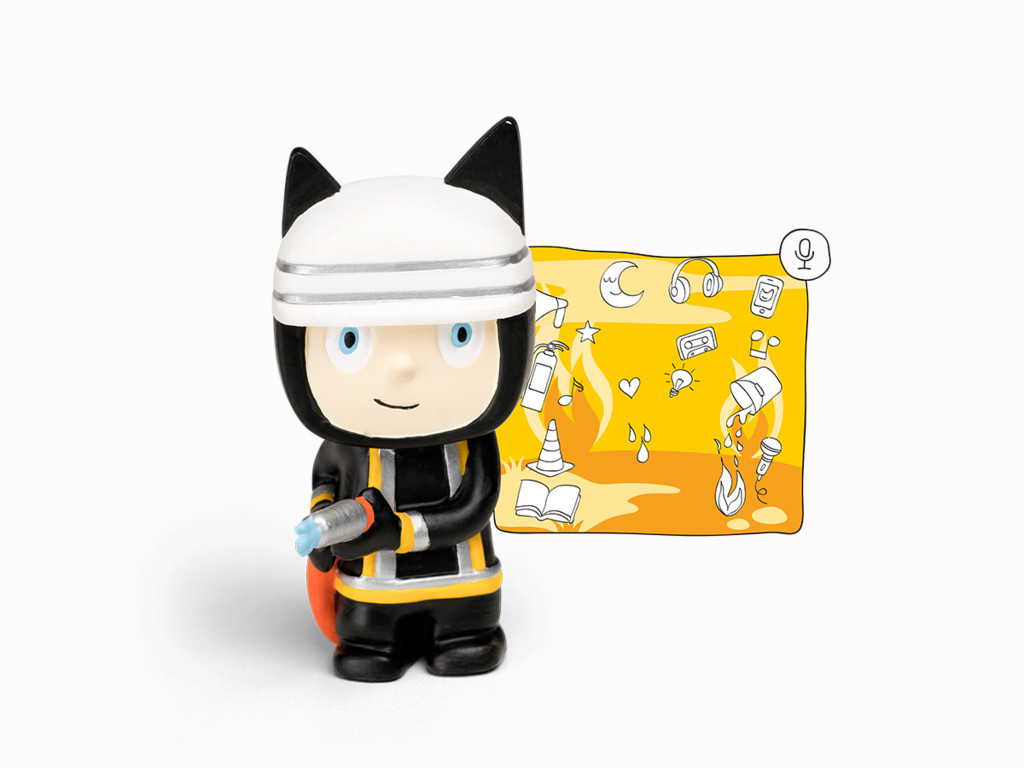 Eine Cartoonfigur eines Feuerwehrmanns mit Sprechblase und Symbolen.