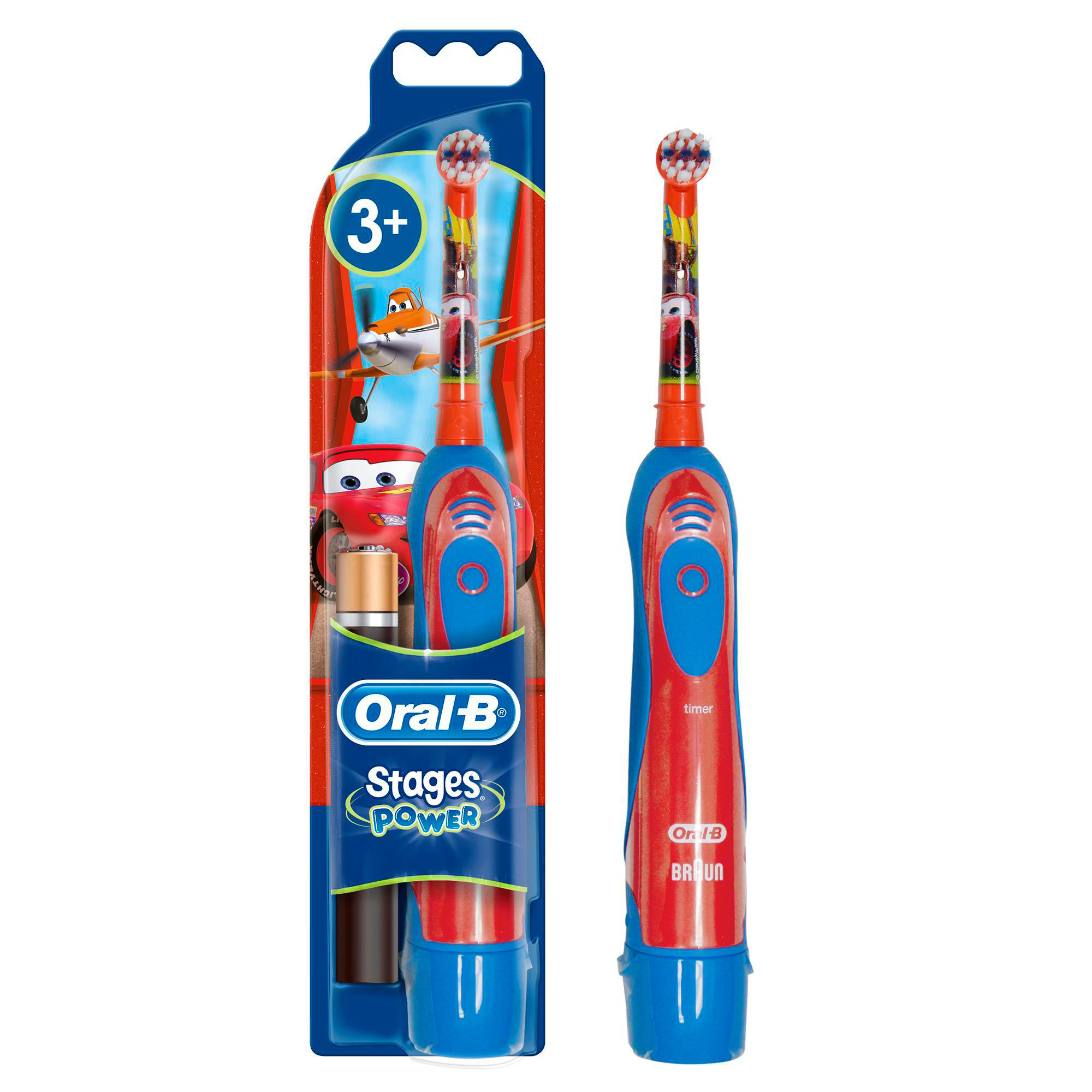 Eine Oral-B Stages Power Zahnbürste. Die Verpackung zeigt ein Auto und Charakterbilder.