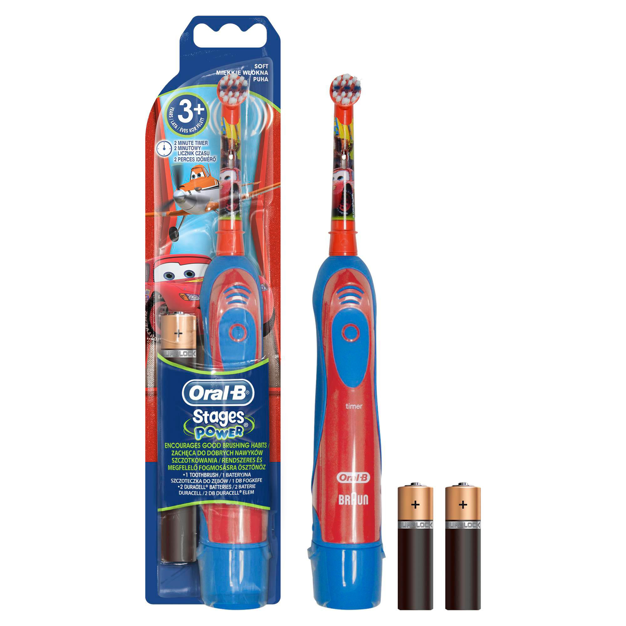 Eine Oral-B Stages Power Zahnbürste mit rot-blauem Griff und zwei Batterien.