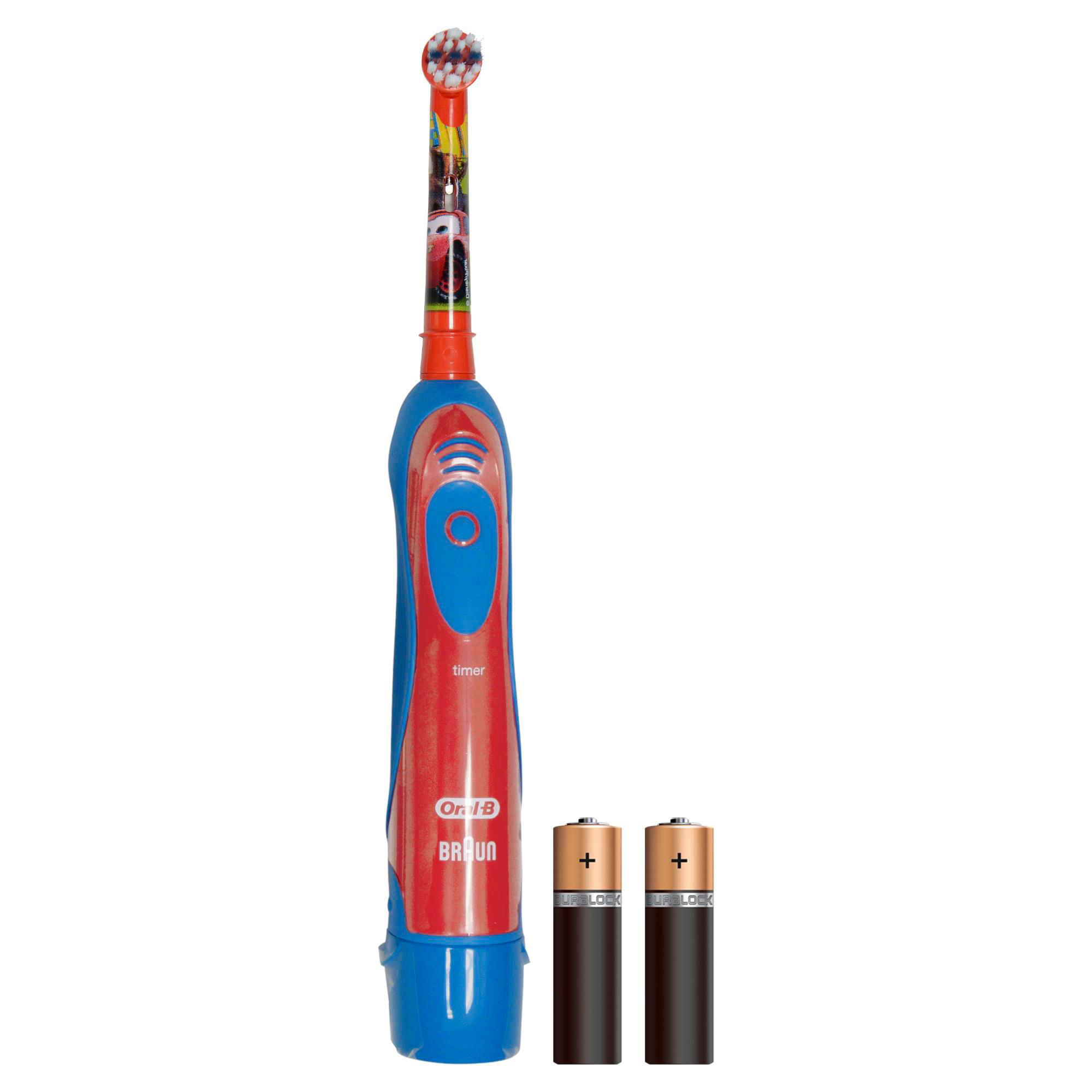 Eine elektrische Zahnbürste von Oral-B mit zwei Batterien. Sie hat ein rotes und blaues Design mit Cars-Motiv.