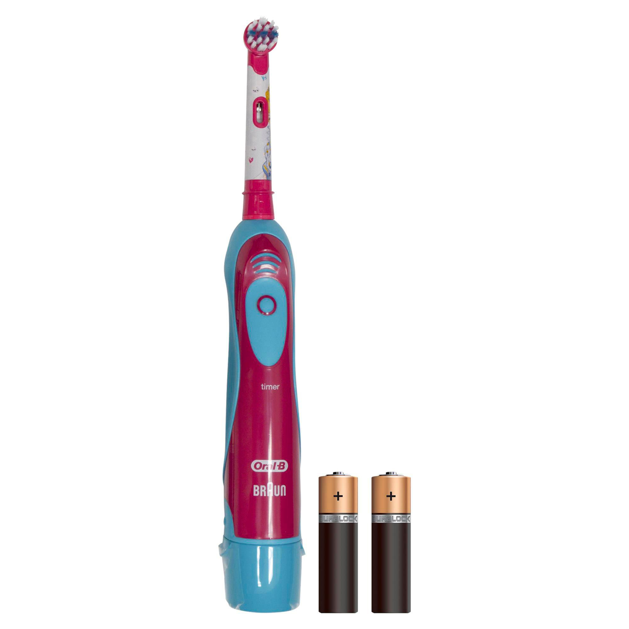 Rosa und blaue elektrische Zahnbürste von Oral-B mit Batterien.