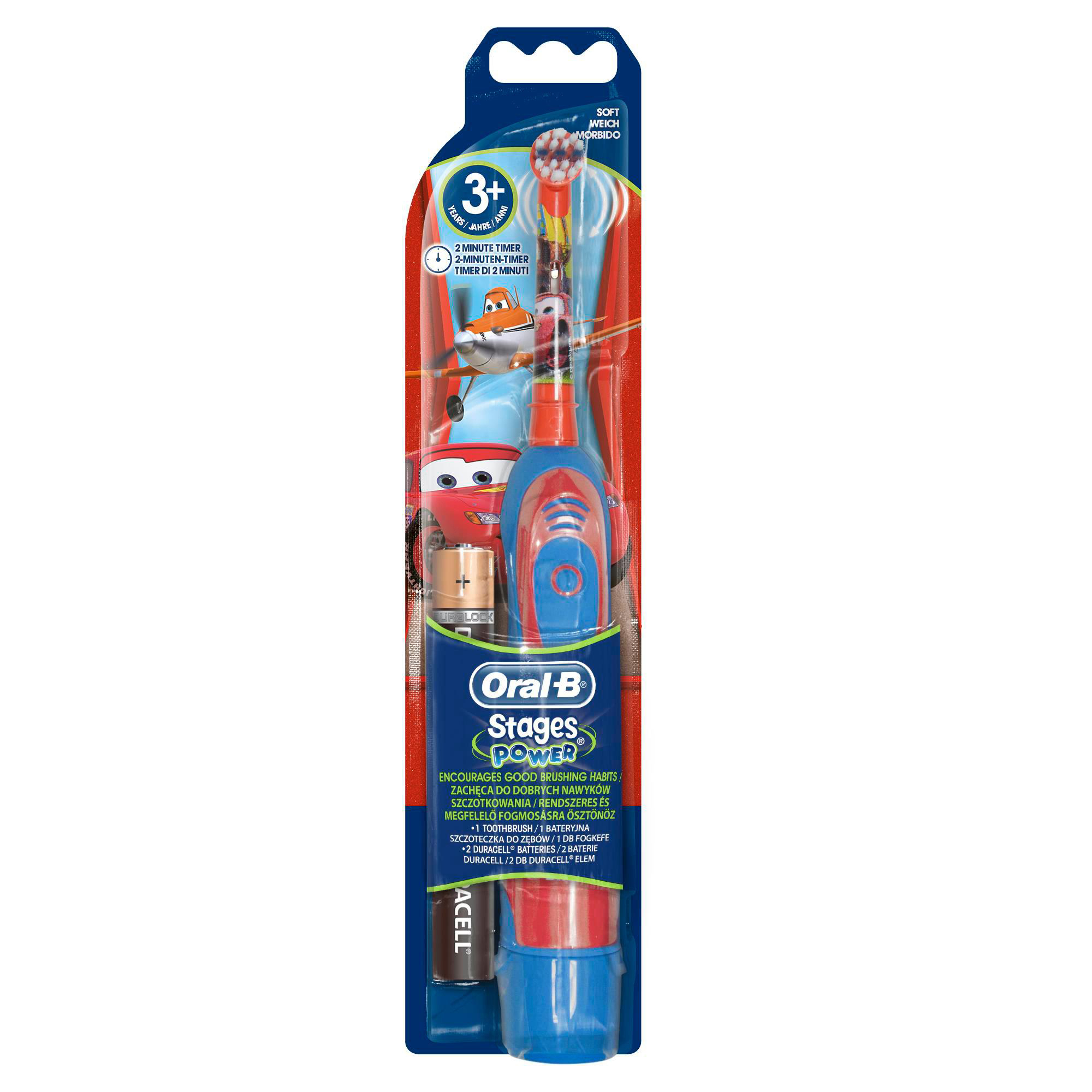 Oral-B Stages Power Zahnbürste in Verpackung. Die Bürste ist rot und blau mit Cartoonfiguren.