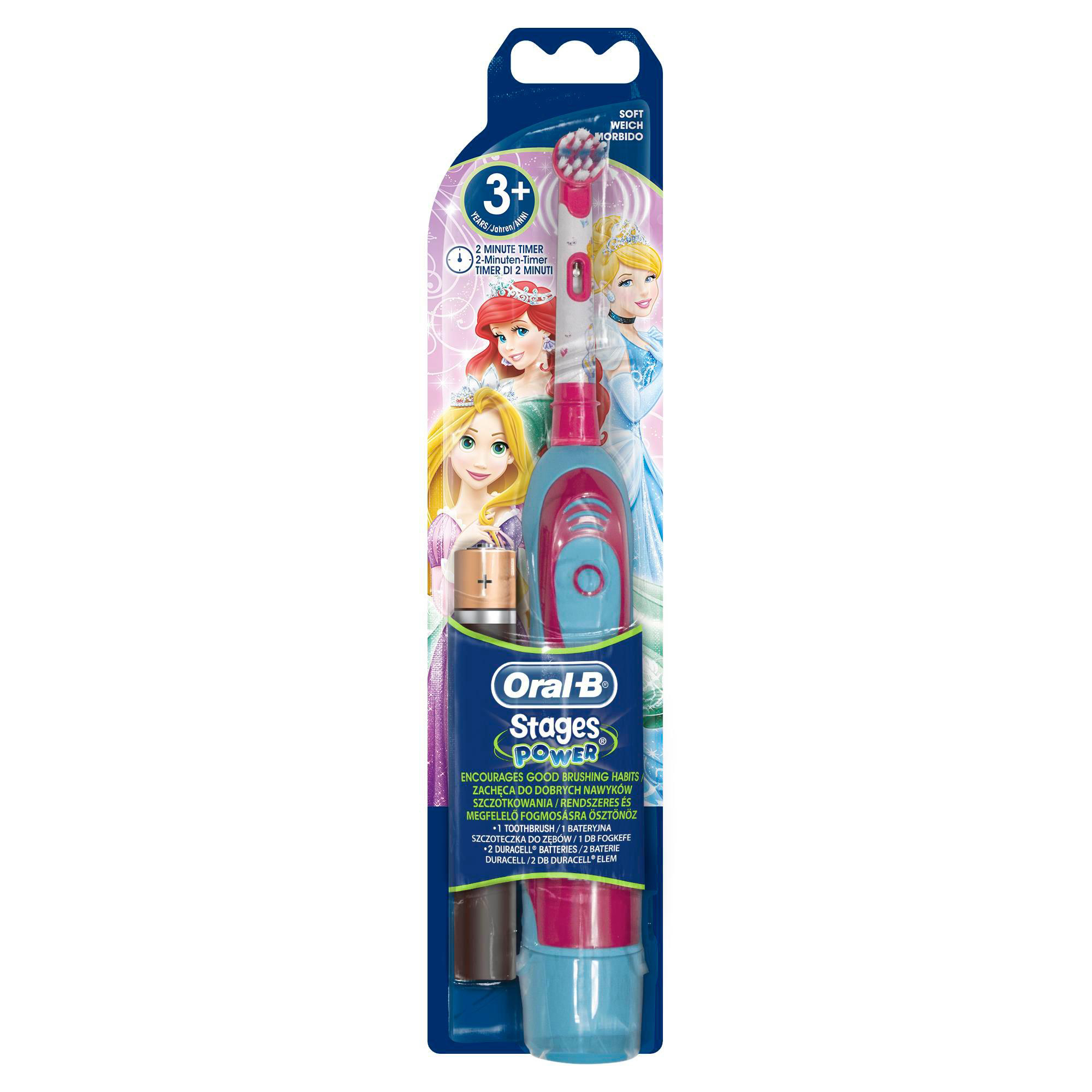 Eine rosa und blaue Oral-B-Zahnbürste mit Disney-Prinzessinnen und einem Akku.