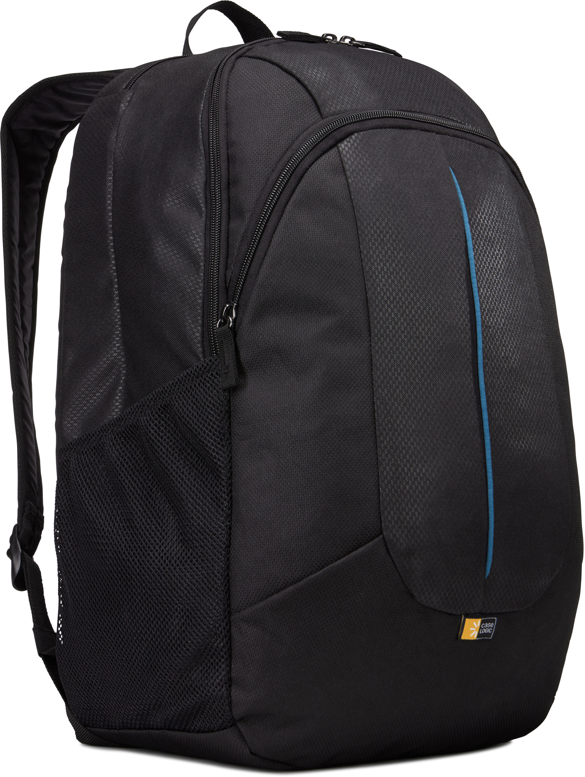 Sac à dos noir avec une bande bleue sur le devant et une poche latérale en filet.