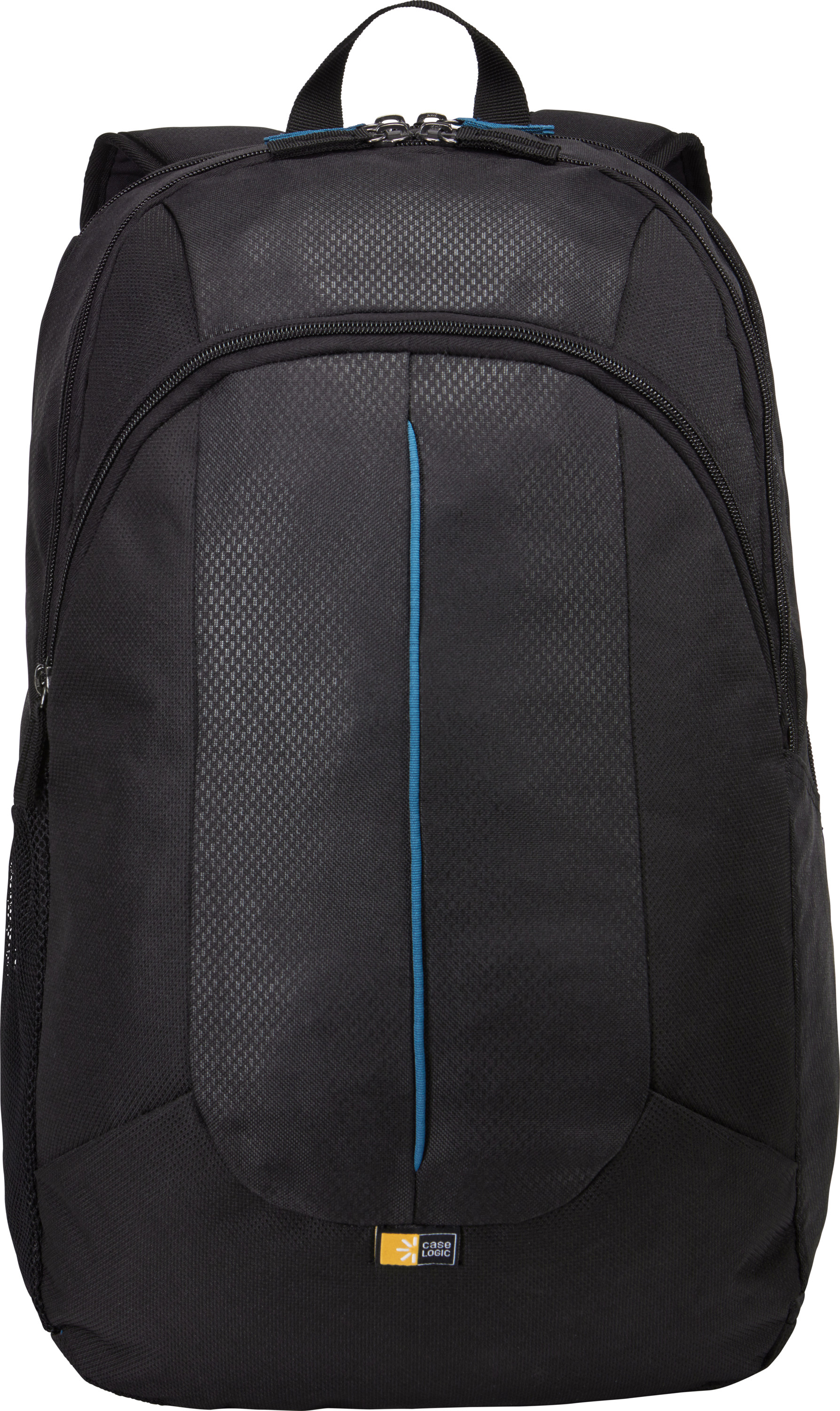 Sac à dos noir avec un logo Case Logic. Il a une bande bleue au milieu.