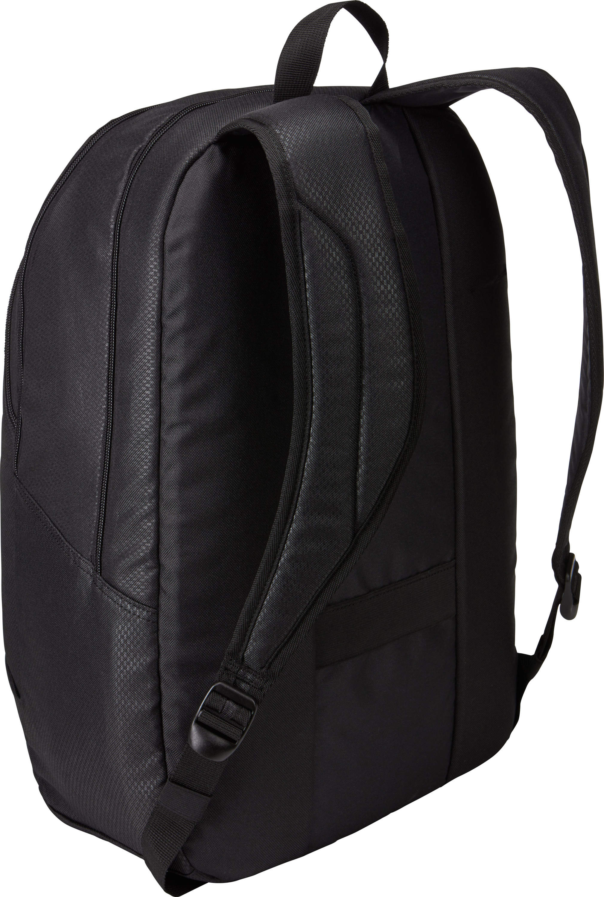 Un sac à dos noir avec une surface texturée, des sangles et un design simple.